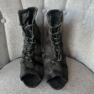 Women’s Black Lace-Up Mesh Peep-Toe Heels